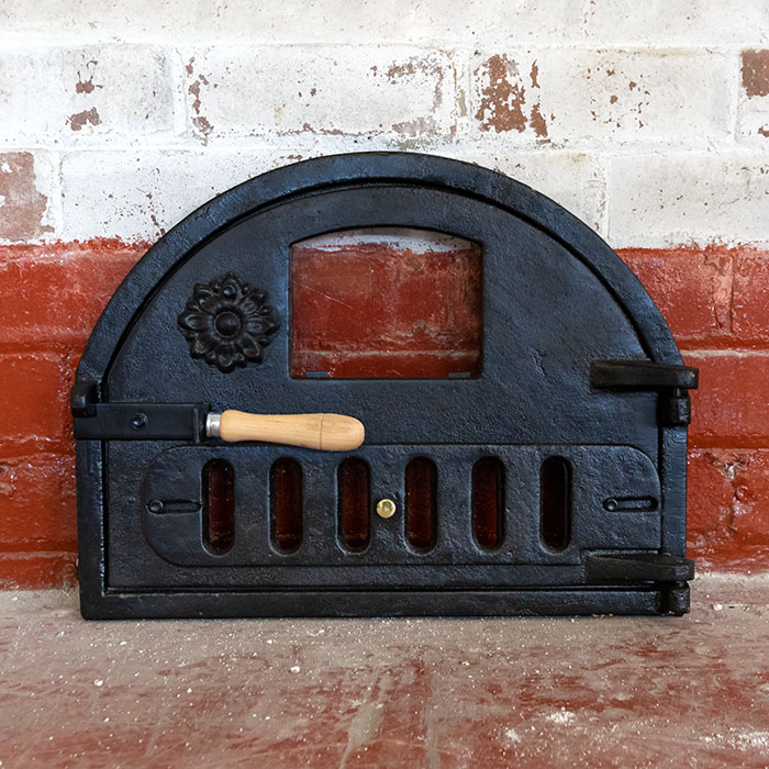 Cast Iron pizza oven door with glass and therm.